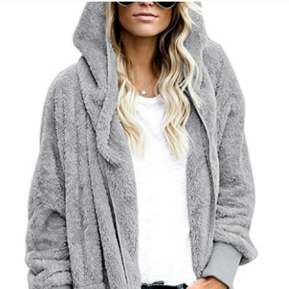 Last 1!  SOFT FUZZY fleece cardigan hoodie Gray - Picture 2 of 8